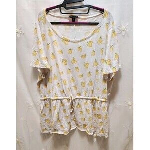 LANE BRYANT WOMANS 22/24 LEMON PRINTED CINCHED WAIST TUNIC BLOUSE SUMMER CITRUS